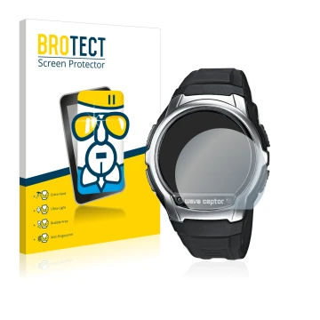 Face avant d’un emballage produit avec le logo de la marque BROTECT. À côté, l’appareil Casio Wave Ceptor WV-58 est représenté