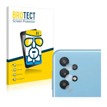 Face avant d’un emballage produit avec le logo de la marque BROTECT. À côté, l’appareil Samsung Galaxy A32 5G (Caméra UNIQUEME
