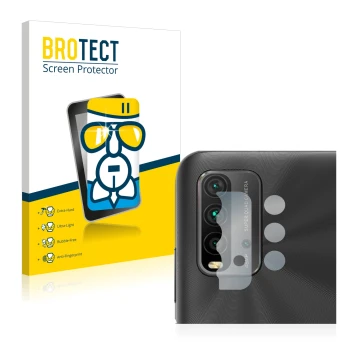 Face avant d’un emballage produit avec le logo de la marque BROTECT. À côté, l’appareil Xiaomi Redmi 9T (Caméra UNIQUEMENT) es
