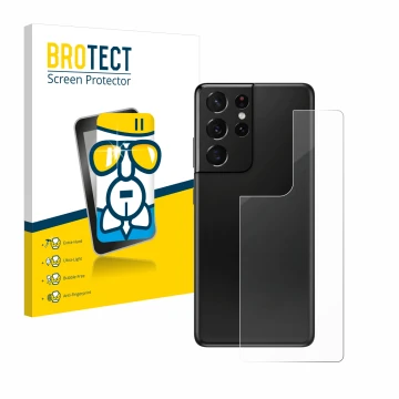 Face avant d’un emballage produit avec le logo de la marque BROTECT. À côté, l’appareil Samsung Galaxy S21 Ultra 5G (Arrière) 