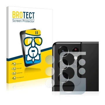 Face avant d’un emballage produit avec le logo de la marque BROTECT. À côté, l’appareil Samsung Galaxy S21 Ultra 5G (Caméra UN