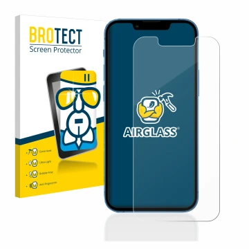 Face avant d’un emballage produit avec le logo de la marque BROTECT. À côté, l’appareil Apple iPhone 13 mini est représenté av