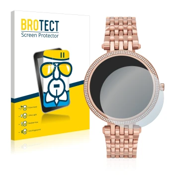 Face avant d’un emballage produit avec le logo de la marque BROTECT. À côté, l’appareil Michael Kors Access Darci Gen 5E est r