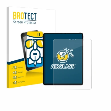 Face avant d’un emballage produit avec le logo de la marque BROTECT. À côté, l’appareil Apple iPad Pro 12.9