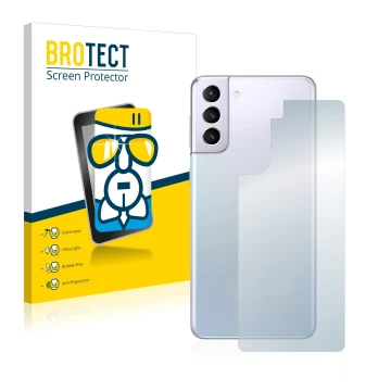 Face avant d’un emballage produit avec le logo de la marque BROTECT. À côté, l’appareil Samsung Galaxy S21 (Arrière) est repré