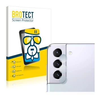 Face avant d’un emballage produit avec le logo de la marque BROTECT. À côté, l’appareil Samsung Galaxy S21 (Caméra UNIQUEMENT)