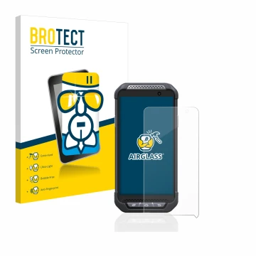 Face avant d’un emballage produit avec le logo de la marque BROTECT. À côté, l’appareil Point Mobile PM85 est représenté avec 