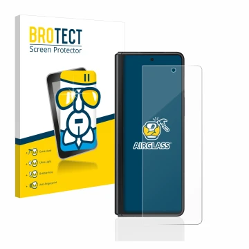 Face avant d’un emballage produit avec le logo de la marque BROTECT. À côté, l’appareil Samsung Galaxy Z Fold 3 5G est représe