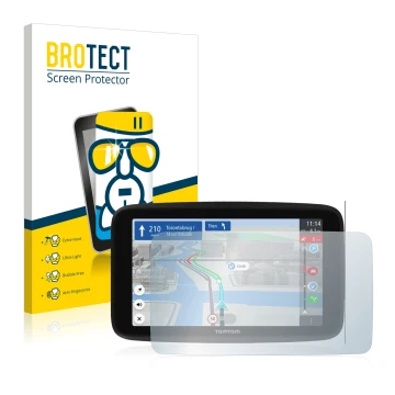 Face avant d’un emballage produit avec le logo de la marque BROTECT. À côté, l’appareil TomTom GO Discover 6