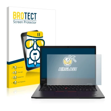 Face avant d’un emballage produit avec le logo de la marque BROTECT. À côté, l’appareil Lenovo ThinkPad L13 Gen 2 est représen