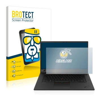 Face avant d’un emballage produit avec le logo de la marque BROTECT. À côté, l’appareil Lenovo ThinkPad P1 Gen 3 est représent