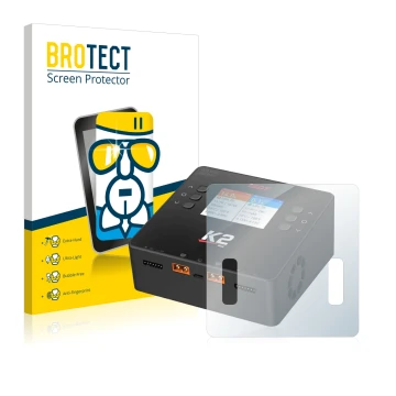 Face avant d’un emballage produit avec le logo de la marque BROTECT. À côté, l’appareil ISDT Smart Duo Charger K2 est représen