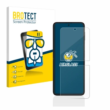 Face avant d’un emballage produit avec le logo de la marque BROTECT. À côté, l’appareil Samsung Galaxy Z Flip 3 5G est représe
