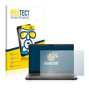 Face avant d’un emballage produit avec le logo de la marque BROTECT. À côté, l’appareil Dell Latitude 5410 est représenté avec