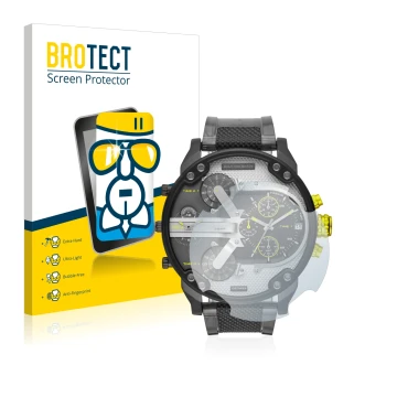 Face avant d’un emballage produit avec le logo de la marque BROTECT. À côté, l’appareil Diesel DZ7422 Mr. Daddy 2.0 est représ