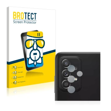 Face avant d’un emballage produit avec le logo de la marque BROTECT. À côté, l’appareil Samsung Galaxy A52 (Caméra UNIQUEMENT)