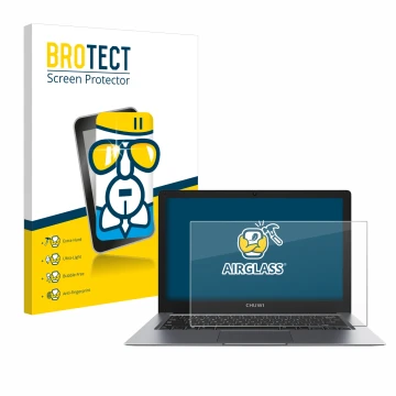 Face avant d’un emballage produit avec le logo de la marque BROTECT. À côté, l’appareil Chuwi HeroBook Pro Plus est représenté