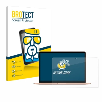 Face avant d’un emballage produit avec le logo de la marque BROTECT. À côté, l’appareil Apple MacBook Air M1 2020 est représen