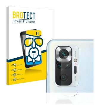 Face avant d’un emballage produit avec le logo de la marque BROTECT. À côté, l’appareil Xiaomi Redmi Note 10 Pro (Caméra UNIQU