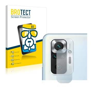 Face avant d’un emballage produit avec le logo de la marque BROTECT. À côté, l’appareil Xiaomi Redmi Note 10S (Caméra UNIQUEME