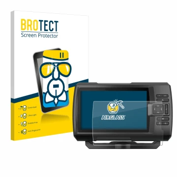 Face avant d’un emballage produit avec le logo de la marque BROTECT. À côté, l’appareil Garmin Striker Vivid 7cv est représent