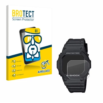 Face avant d’un emballage produit avec le logo de la marque BROTECT. À côté, l’appareil Casio G-Shock GW-M5610-1ER est représe