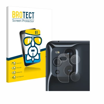 Face avant d’un emballage produit avec le logo de la marque BROTECT. À côté, l’appareil Oppo Find X3 Pro (Caméra UNIQUEMENT) e
