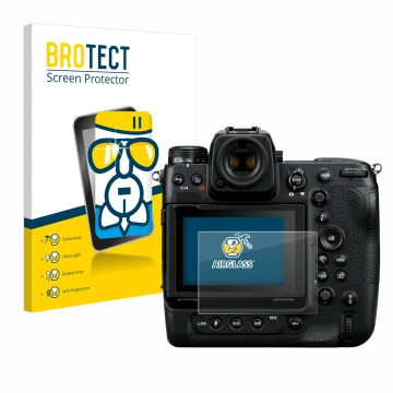 Face avant d’un emballage produit avec le logo de la marque BROTECT. À côté, l’appareil Nikon Z 9 est représenté avec la prote