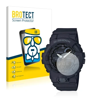 Face avant d’un emballage produit avec le logo de la marque BROTECT. À côté, l’appareil Casio G-Shock GBA800 est représenté av