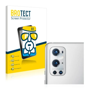 Face avant d’un emballage produit avec le logo de la marque BROTECT. À côté, l’appareil OnePlus 9 Pro (Caméra UNIQUEMENT) est 