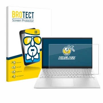Face avant d’un emballage produit avec le logo de la marque BROTECT. À côté, l’appareil HP Pavilion x360 (15-erX) est représen