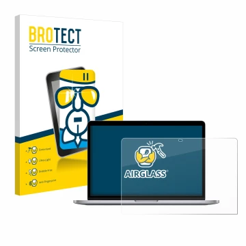 Face avant d’un emballage produit avec le logo de la marque BROTECT. À côté, l’appareil Apple MacBook Pro 13