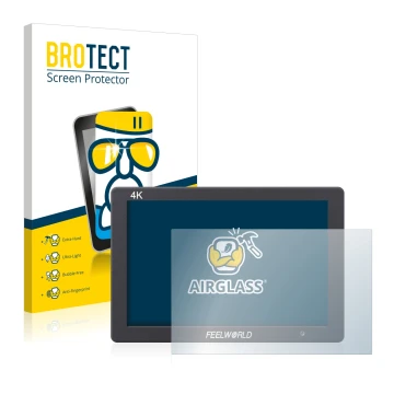 Face avant d’un emballage produit avec le logo de la marque BROTECT. À côté, l’appareil Feelworld FW279 7