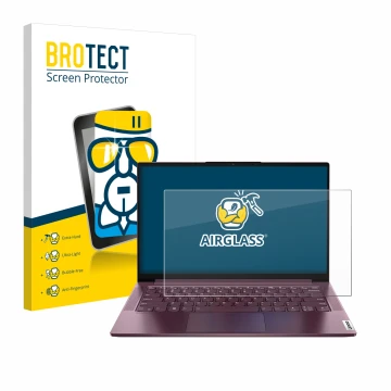 Face avant d’un emballage produit avec le logo de la marque BROTECT. À côté, l’appareil Lenovo Yoga Slim 7 14