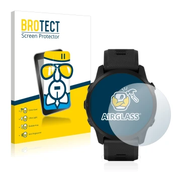 Face avant d’un emballage produit avec le logo de la marque BROTECT. À côté, l’appareil Garmin Forerunner 945 LTE est représen