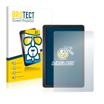 Face avant d’un emballage produit avec le logo de la marque BROTECT. À côté, l’appareil Amazon Fire HD 10 Plus 2021 (11ème Gen