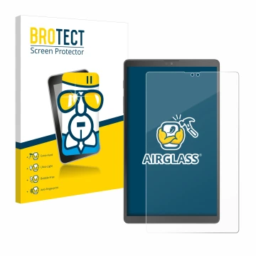 Face avant d’un emballage produit avec le logo de la marque BROTECT. À côté, l’appareil Samsung Galaxy Tab A7 Lite Wi-Fi 2021 