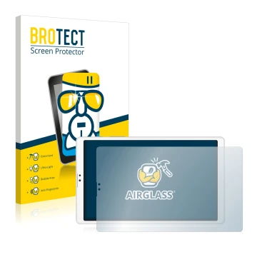 Face avant d’un emballage produit avec le logo de la marque BROTECT. À côté, l’appareil Samsung Galaxy Tab A7 Lite LTE 2021 (e