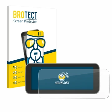 Face avant d’un emballage produit avec le logo de la marque BROTECT. À côté, l’appareil Fiat 500 E Uconnect 5 10