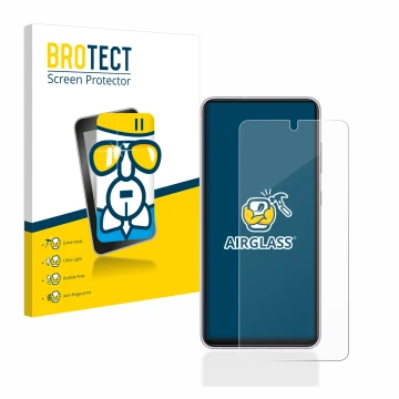 Face avant d’un emballage produit avec le logo de la marque BROTECT. À côté, l’appareil Samsung Galaxy S21 FE 5G est représent