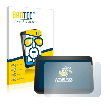 Face avant d’un emballage produit avec le logo de la marque BROTECT. À côté, l’appareil Amazon Echo Show 8 2021 (2e Gen.) est 