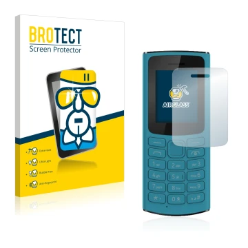 Face avant d’un emballage produit avec le logo de la marque BROTECT. À côté, l’appareil Nokia 105 4G 2021 est représenté avec 