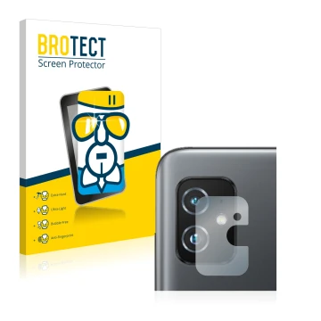 Face avant d’un emballage produit avec le logo de la marque BROTECT. À côté, l’appareil ASUS ZenFone 8 (Caméra UNIQUEMENT) est