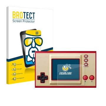 Face avant d’un emballage produit avec le logo de la marque BROTECT. À côté, l’appareil Nintendo Game & Watch Super Mario Bros
