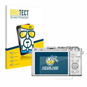 Face avant d’un emballage produit avec le logo de la marque BROTECT. À côté, l’appareil Olympus PEN E-P7 est représenté avec l