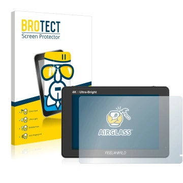 Face avant d’un emballage produit avec le logo de la marque BROTECT. À côté, l’appareil Feelworld LUT7 7