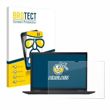 Face avant d’un emballage produit avec le logo de la marque BROTECT. À côté, l’appareil Lenovo ThinkPad X13 Yoga Gen 2 est rep