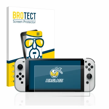 Face avant d’un emballage produit avec le logo de la marque BROTECT. À côté, l’appareil Nintendo Switch OLED-Modell est représ