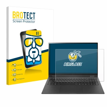 Face avant d’un emballage produit avec le logo de la marque BROTECT. À côté, l’appareil LG gram 16'' 2-in-1 Touch est représen