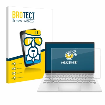 Face avant d’un emballage produit avec le logo de la marque BROTECT. À côté, l’appareil HP Pavilion x360 (14-dyX) est représen